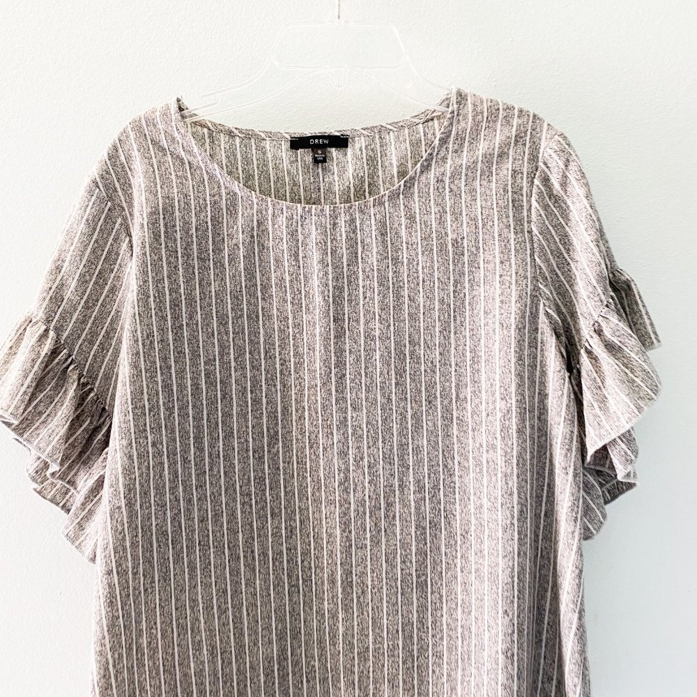 Drew Gray Stripe Flutter Linen Top Small Casual - image 2